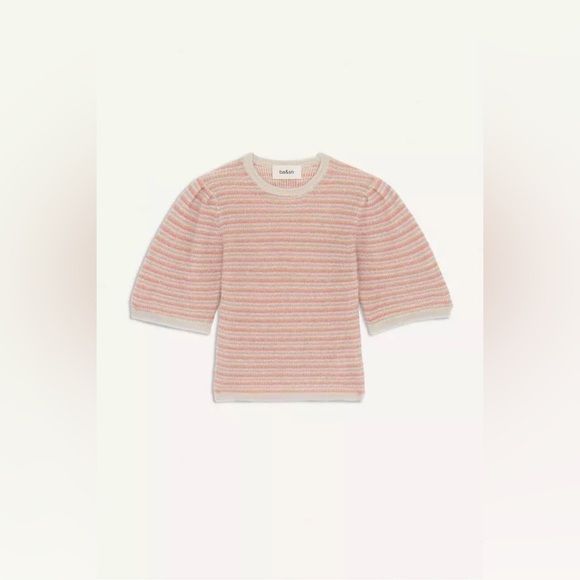 BA&SH Simael Striped Mohair Blend Short Sleeve Pullover Sweater in Rose - Picture 8 of 8